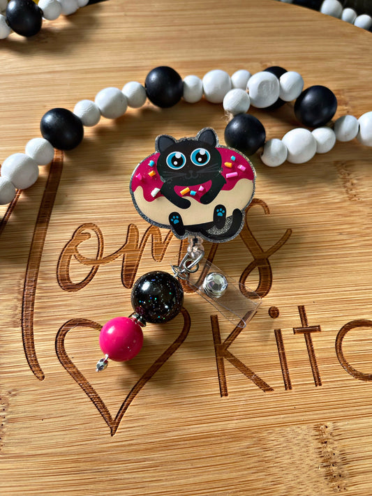 Donut Cat Badge Reel - RN ID Clip- Cat Badge Holder- Donut ID Holder- Nurse Gift- Teacher Gift-