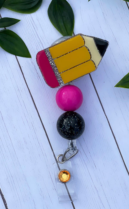 Pencil Badge Reel - Pencil Beaded Badge Holder - Teacher Badge - Office - Nurse - Medical Assistant - Teacher - RN